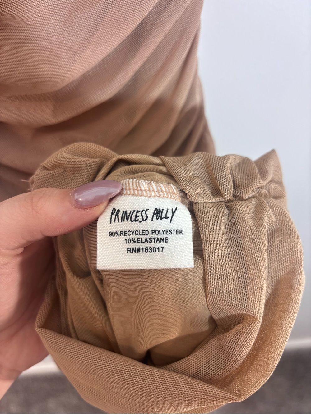 Princess Polly Charvi Mini Dress Tan NWT US 2 Ruching Sexy Mesh Stretch - Picture 12 of 14